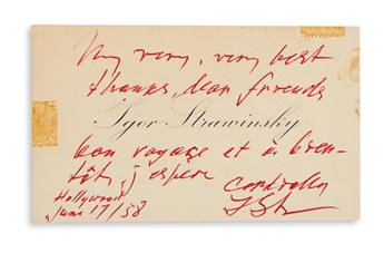 STRAVINSKY, IGOR. Three Autograph Notes Signed, IStr, to composer Richard Pindle Hammond and his partner George,